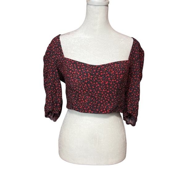 ZARA Red Floral Cropped Peasant Top Puff Sleeve Sweetheart Neck Blouse Large - Picture 3 of 8